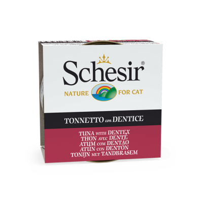 Ushqim i lëngëshëm për mace Schesir, tuna & dentex (lloj peshku), 85 gr.