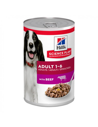 Ushqim i lëngëshëm për qen, Hills Adult 1-6, me mish gjedhi, 370 gr.