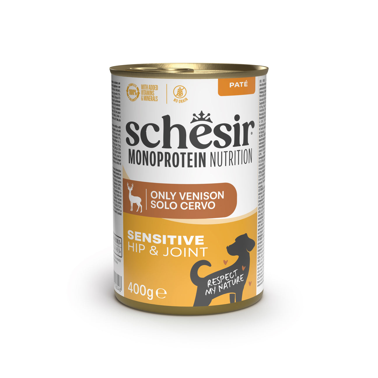 Ushqim i lëngëshëm për qen, Schesir, Monoprotein, Hip & Joint, Venison, 400 gr.