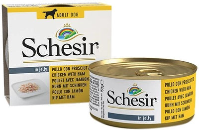 Ushqim i lëngëshëm Schesir, për qen, pulë & përshutë ,150 gr.