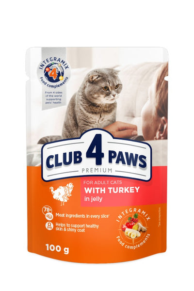 Ushqim i lëngëshëm për mace, Club 4 Paws, me gjeldeti, Turkey in jelly, 80 gr.
