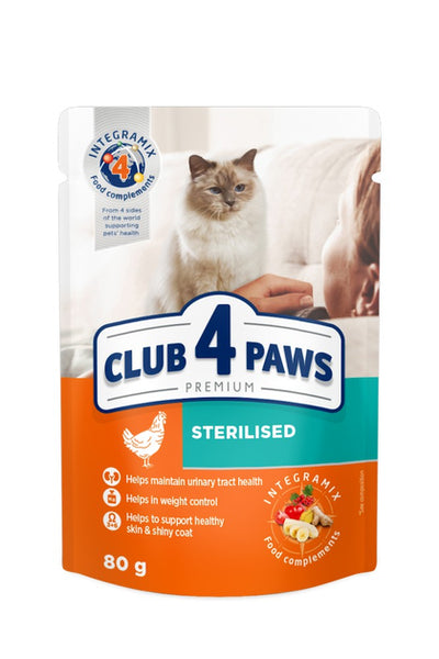 Ushqim i lëngëshëm për mace të sterilizuara, Club 4 Paws, me pulë, Chicken, 80 gr.