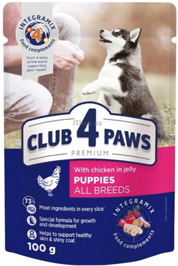 Ushqim i lëngëshëm për këlysh, Club 4 Paws, All Breed, Chicken in Jelly, 100 gr.
