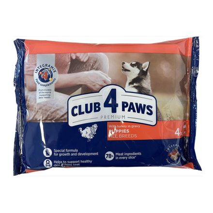 Ushqim i lëngëshëm për këlysh, Club 4 Paws, me mish gjeldeti, Turkey in Gravy, 4 x 85 gr