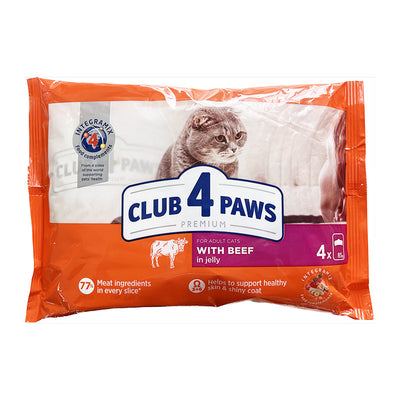 Ushqim i lëngëshëm për mace, Club 4 Paws, me mish gjedhi, Beef in jelly, 4 x 85gr.