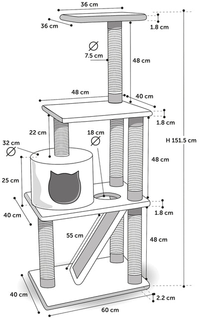 Gërvishëse për mace, Forza Grey & White, 60x40x151,5CM