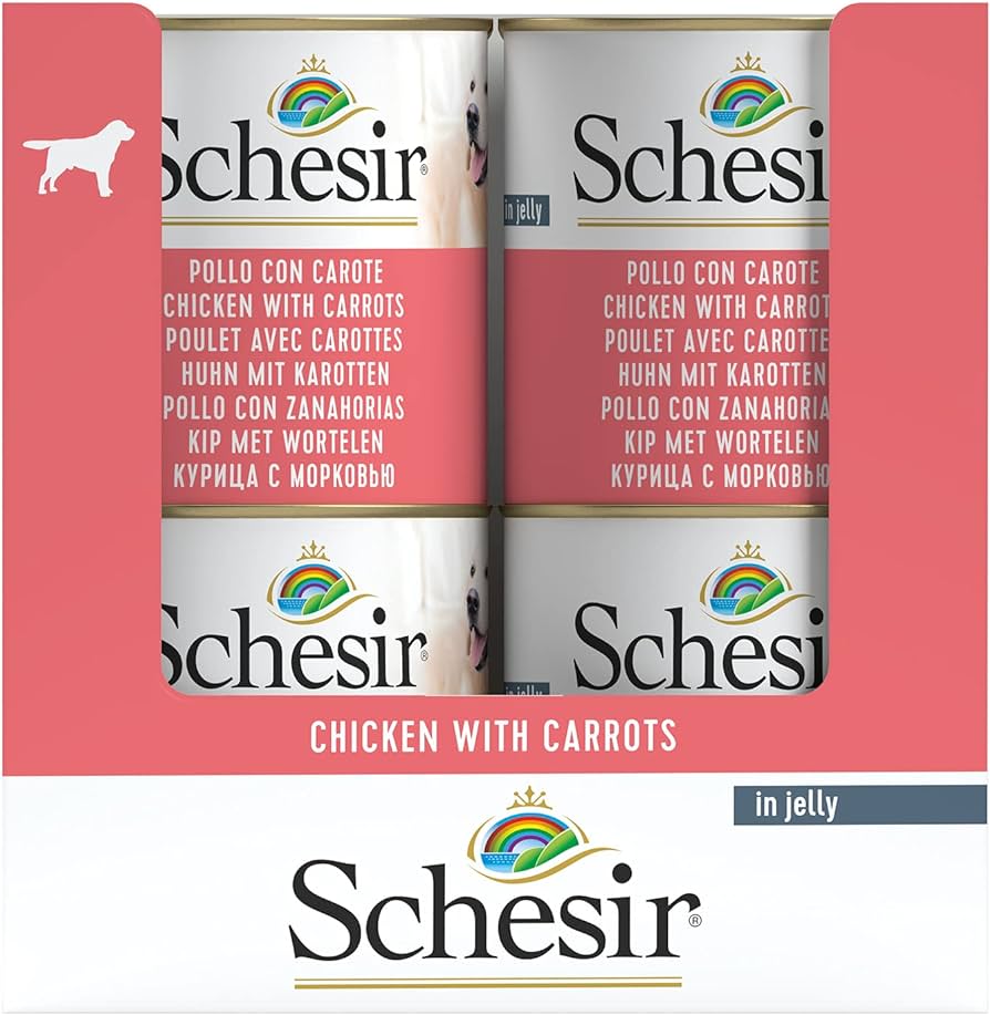 Ushqim i lëngëshëm Schesir, për qen, pulë & karrotë,285 gr.