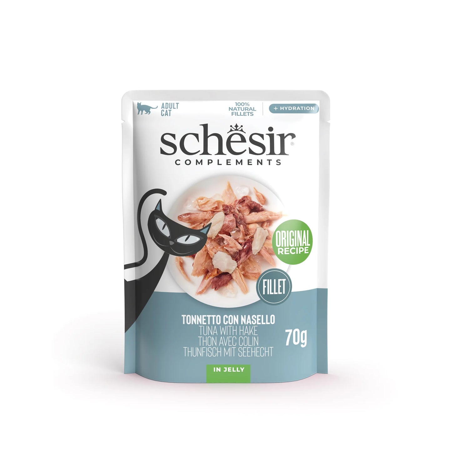 Ushqim komplementar i lëngëshëm, Schesir Tuna with Hake in Jelly, 70 gr.