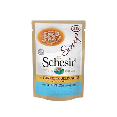 Ushqim i lëngëshëm për mace Schesir Soup, tuna & kallamari 85 gr.