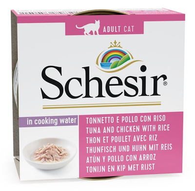 Ushqim i lëngëshëm për mace Schesir, tuna & pulë & oriz, 85 gr.