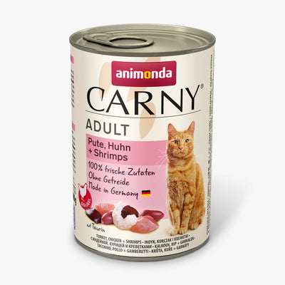 Ushqim i lëngshëm për mace, gjeldeti+ pulë+ karkalec, Carny, 400 gr.