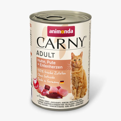 Ushqim i lëngshëm për mace, pulë +gjeldeti +zemër rose, Carny, 400 gr.