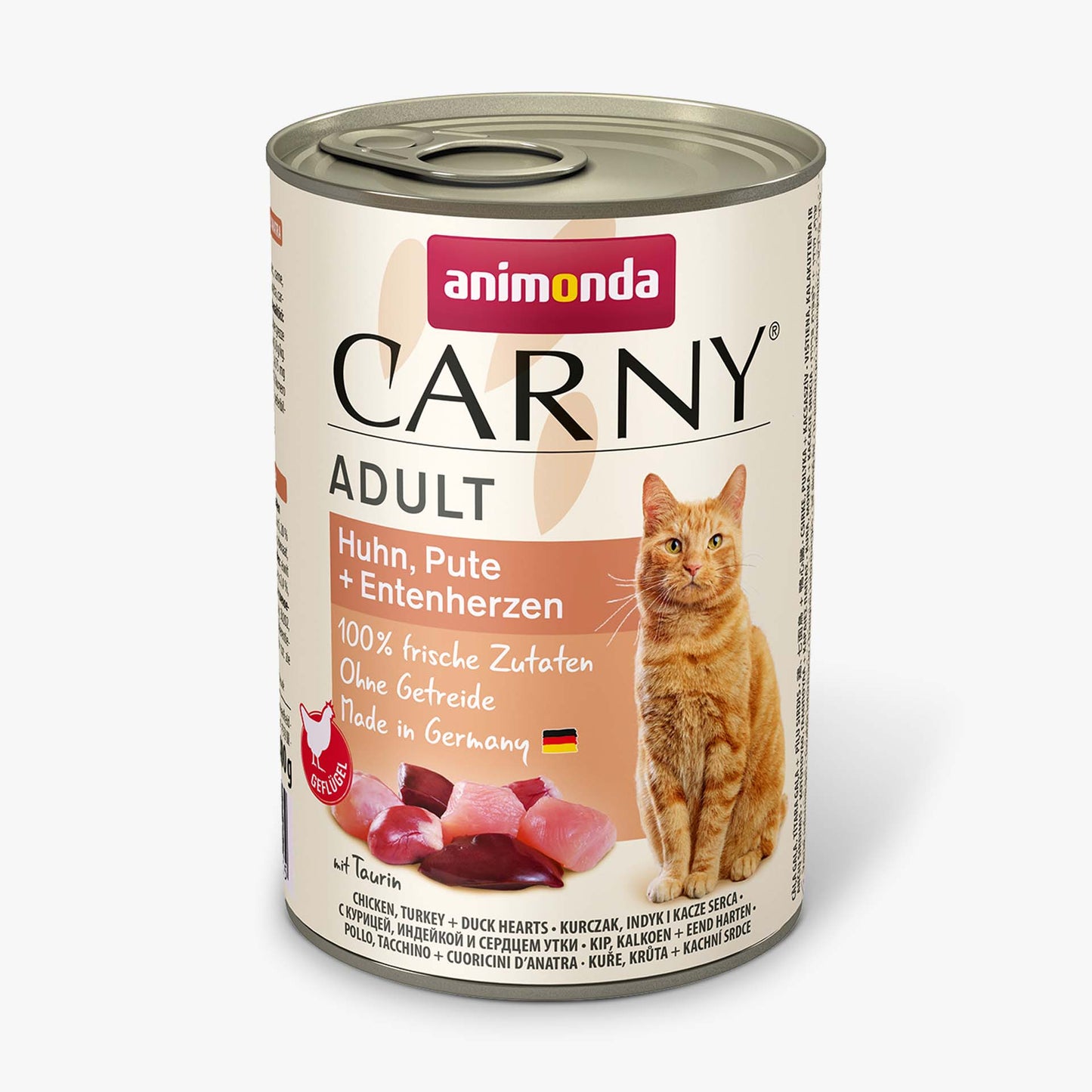 Ushqim i lëngshëm për mace, pulë +gjeldeti +zemër rose, Carny, 400 gr.