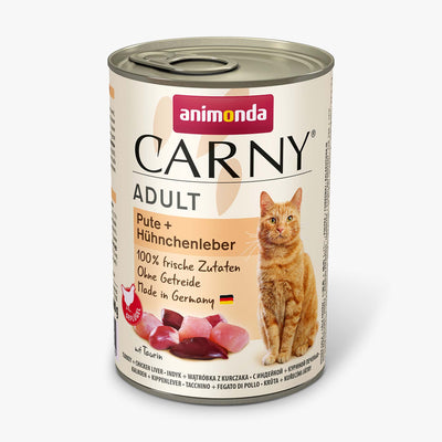 Ushqim i lëngshëm për mace, gjeldeti+ mëlqi pule, Carny, 400 gr.