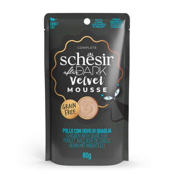 Ushqim i lëngshëm për mace, Schesir After Dark Velvet, me pulë dhe vezë thëllëze, 80gr