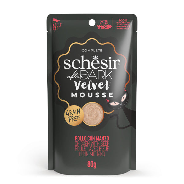 Ushqim i lëngshëm për mace, Schesir After Dark Velvet, me pulë dhe mish gjedhi, 80gr