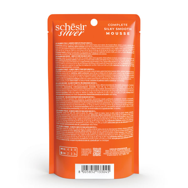 Ushqim i lëngëshëm për mace seniore, Schesir Silver, me pulë & salmon, 80 gr.