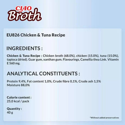 Ushqim i lëngëshëm për mace, Ciao Broth Chicken & Tuna, 40 gr.