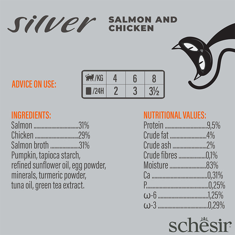 Ushqim i lëngëshëm për mace seniore, Schesir Silver, me pulë & salmon, 80 gr.