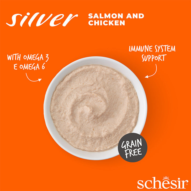Ushqim i lëngëshëm për mace seniore, Schesir Silver, me pulë & salmon, 80 gr.