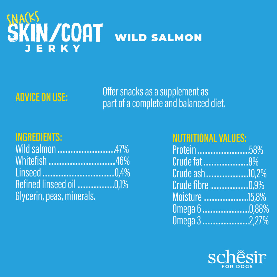 Shpërblime për qen, Wild Salmon, Jerky, Grain Free, Schesir, 115 gr.