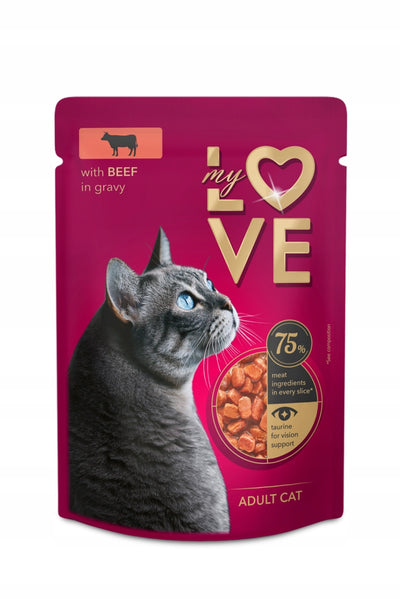 Ushqim i lëngëshëm për mace, me mish gjedhi, My Love, Beef in Gravy, 85 gr.