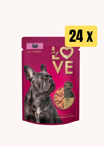 Ushqim i lëngëshëm për qen, gjeldeti, mylove, 24 x 100 gr.