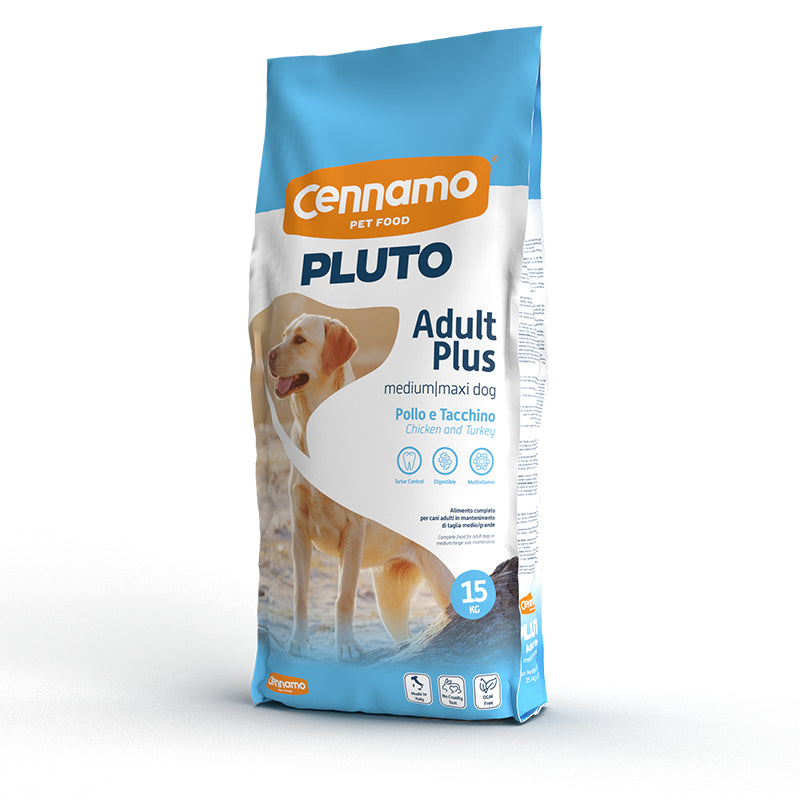 Ushqim i thatë për qen, Pluto Medium/Maxi pulë dhe gjeldeti, 15 kg