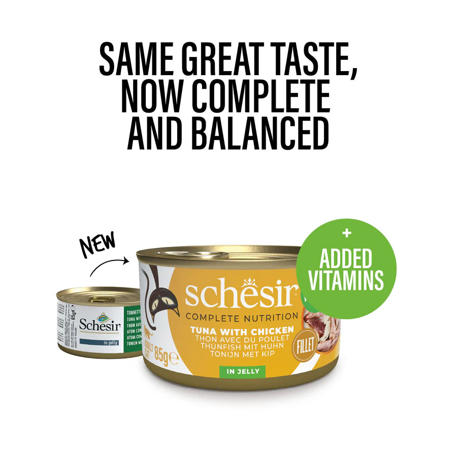 Ushqim i plotë dhe i balancuar, Schesir, Tuna & Chicken, 85 gr.