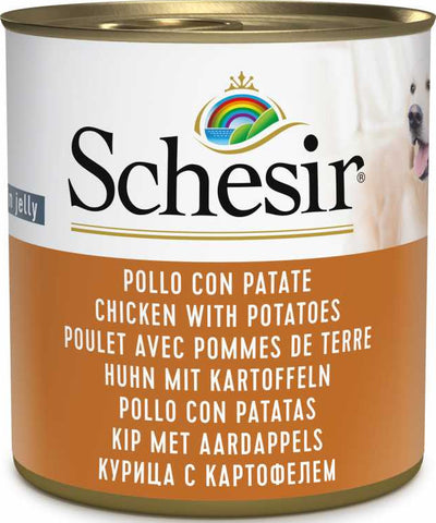 Ushqim i lëngëshëm Schesir, për qen, pulë & patate,285 gr.