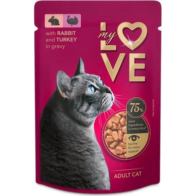 Ushqim i lëngëshëm për mace, me mish gjeldeti dhe lepur, My Love, Turkey in Gravy, 85 gr.