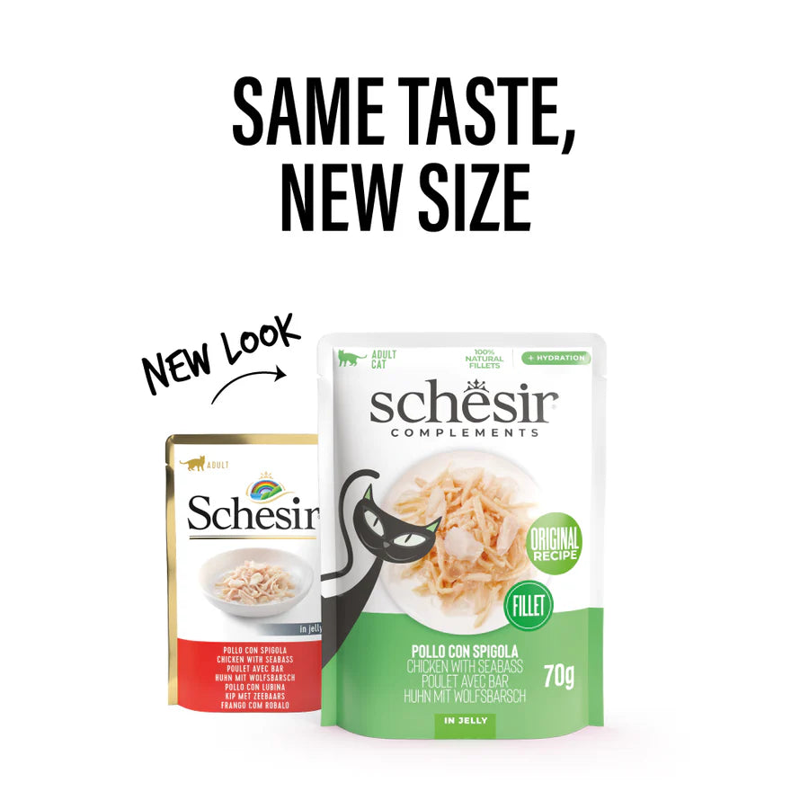 Ushqim komplementar i lëngëshëm, Schesir Chicken & Seabass, 70 gr.