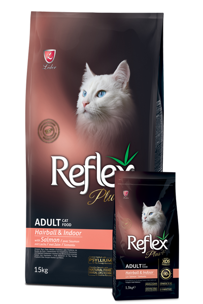 Ushqim për mace të rritura, Reflex plus Hairball me salmon, 1,5 kg