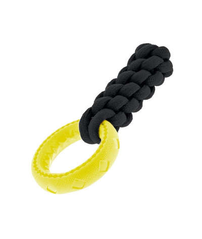Dhëmbëzues me litar të zi, me unazë gome të verdhë për qen