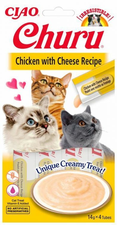 Shpërblime të lëngëshme për mace Churu, me përmbajtje pule & djathi