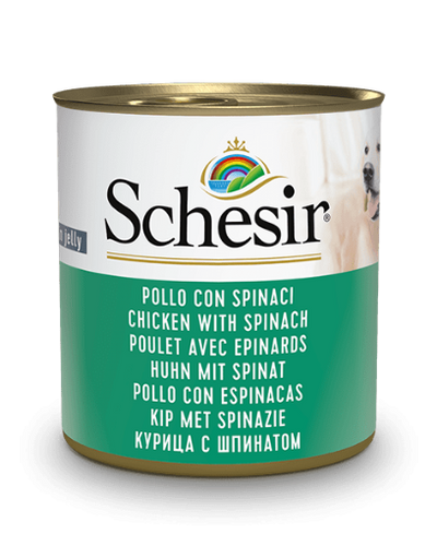 Ushqim i lëngëshëm Schesir, për qen, pulë & spinaq,285 gr.
