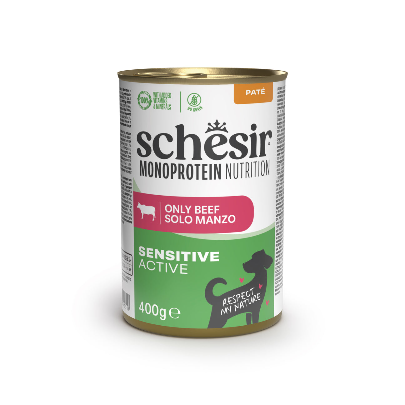 Ushqim i lëngëshëm për qen, Schesir, Monoprotein, Active Beef, 400 gr.