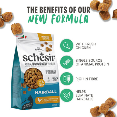 Ushqim i thatë për mace, Hairball, Chicken, Schesir, 1.5 kg.