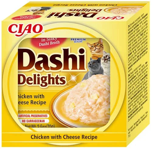 Ushqim i lëngëshëm për mace, Dashi Delights, pulë & djath,70 gr.