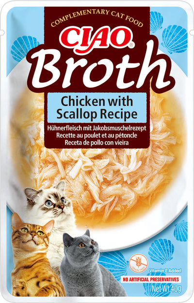 Ushqim i lëngëshëm për mace, Ciao Broth Chicken & Scallop, 40 gr.