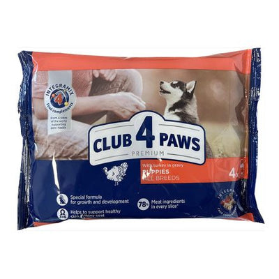 Ushqim i lëngëshëm për këlysh, Club 4 Paws, me mish gjeldeti, Turkey in Gravy, 4 x 85 gr