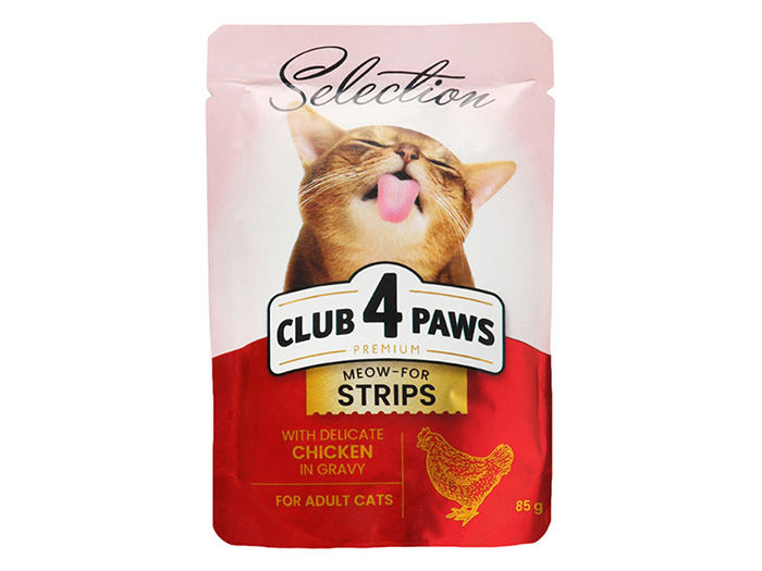 Ushqim për mace, Club 4 Paws premium, Strips with chicken in gravy, 85 gr.