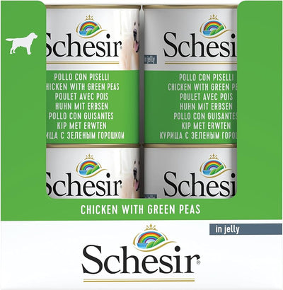 Ushqim i lëngëshëm Schesir, për qen, pulë & bizele,285 gr.