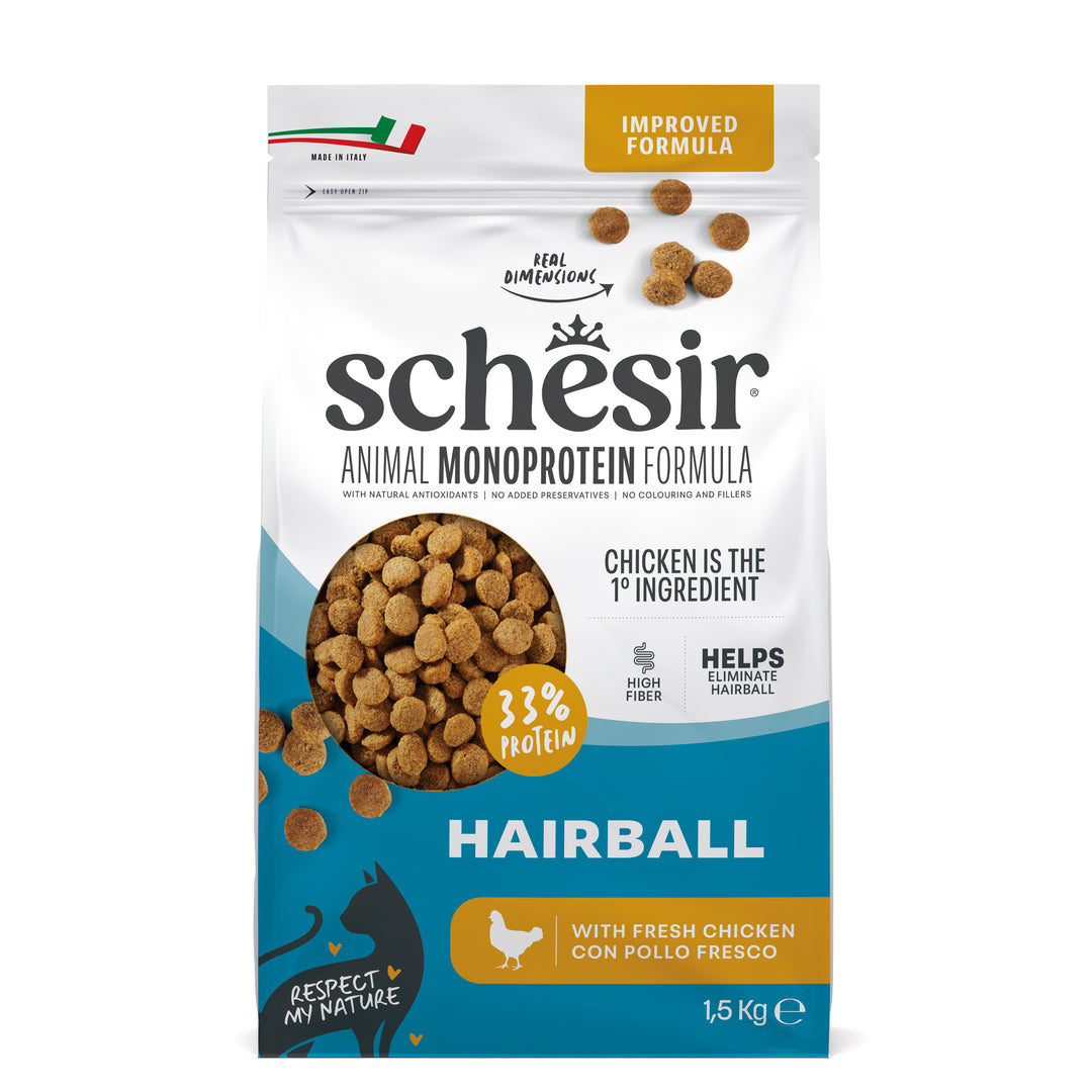 Ushqim i thatë për mace, Hairball, Chicken, Schesir, 1.5 kg.