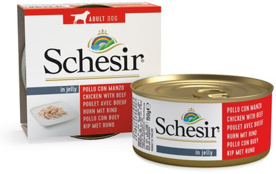 Ushqim i lëngëshëm Schesir, për qen, pulë & mish gjedhi ,150 gr.