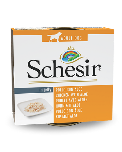 Ushqim i lëngëshëm Schesir, për qen, pulë & aloe ,150 gr.