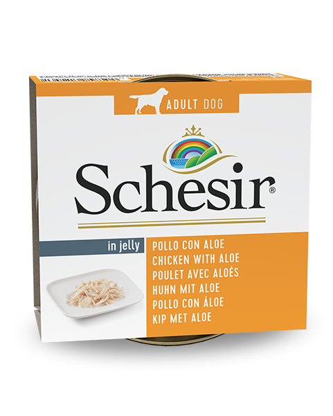 Ushqim i lëngëshëm Schesir, për qen, pulë & aloe ,150 gr.