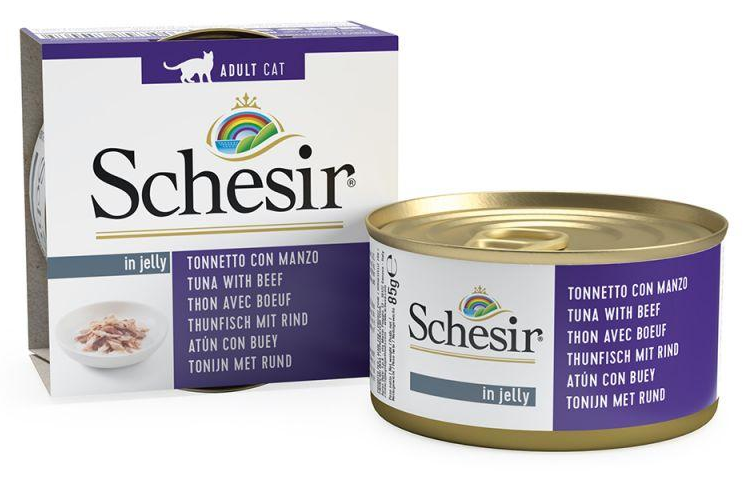 Ushqim i lëngëshëm për mace Schesir, tuna & mish gjedhi, 85 gr.