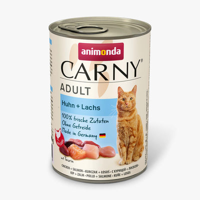 Ushqim i lëngshëm për mace, pulë+salmon, Carny, 400 gr.