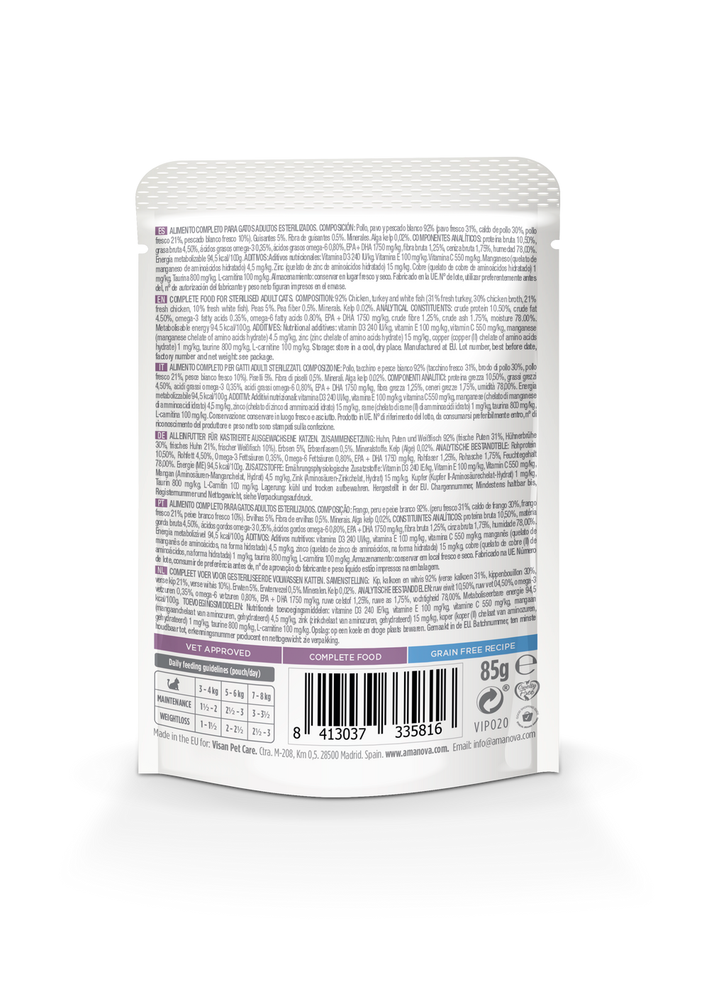 Ushqim i lëngëshëm për mace, Amanova Fish & Turkey, 85 gr.